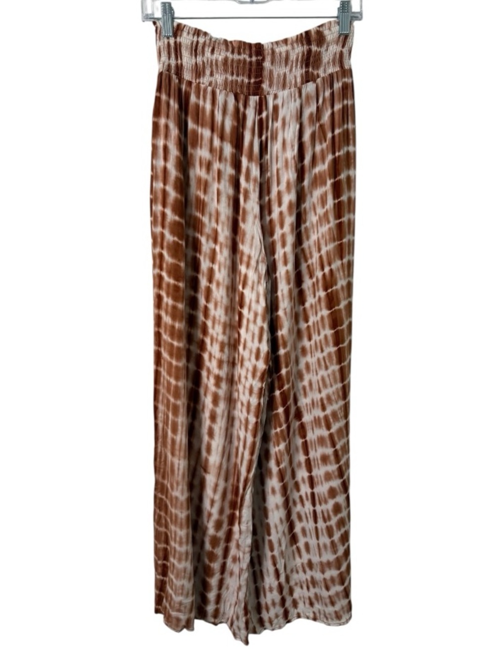 La Miel Tie Dye Palazzo Pants Wide Leg Boho Goddess Rayon Brown Ivory L - Picture 3 of 5